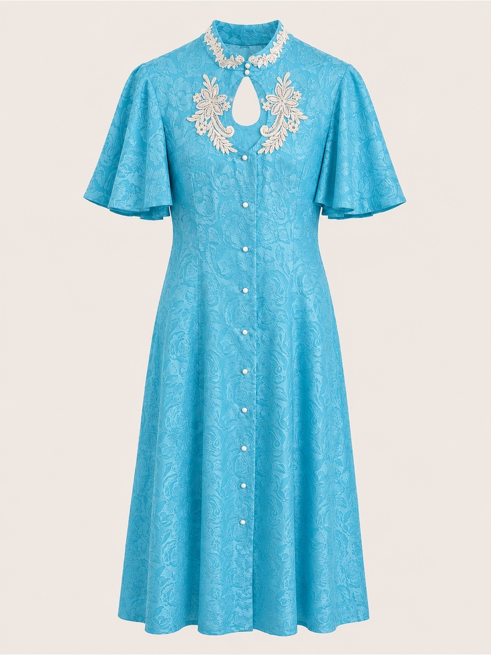 Handmade Vintage Elegant Blue Embroidered A-Line Dress